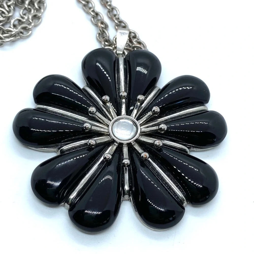 Long Silver and Black Floral Necklace Pendant